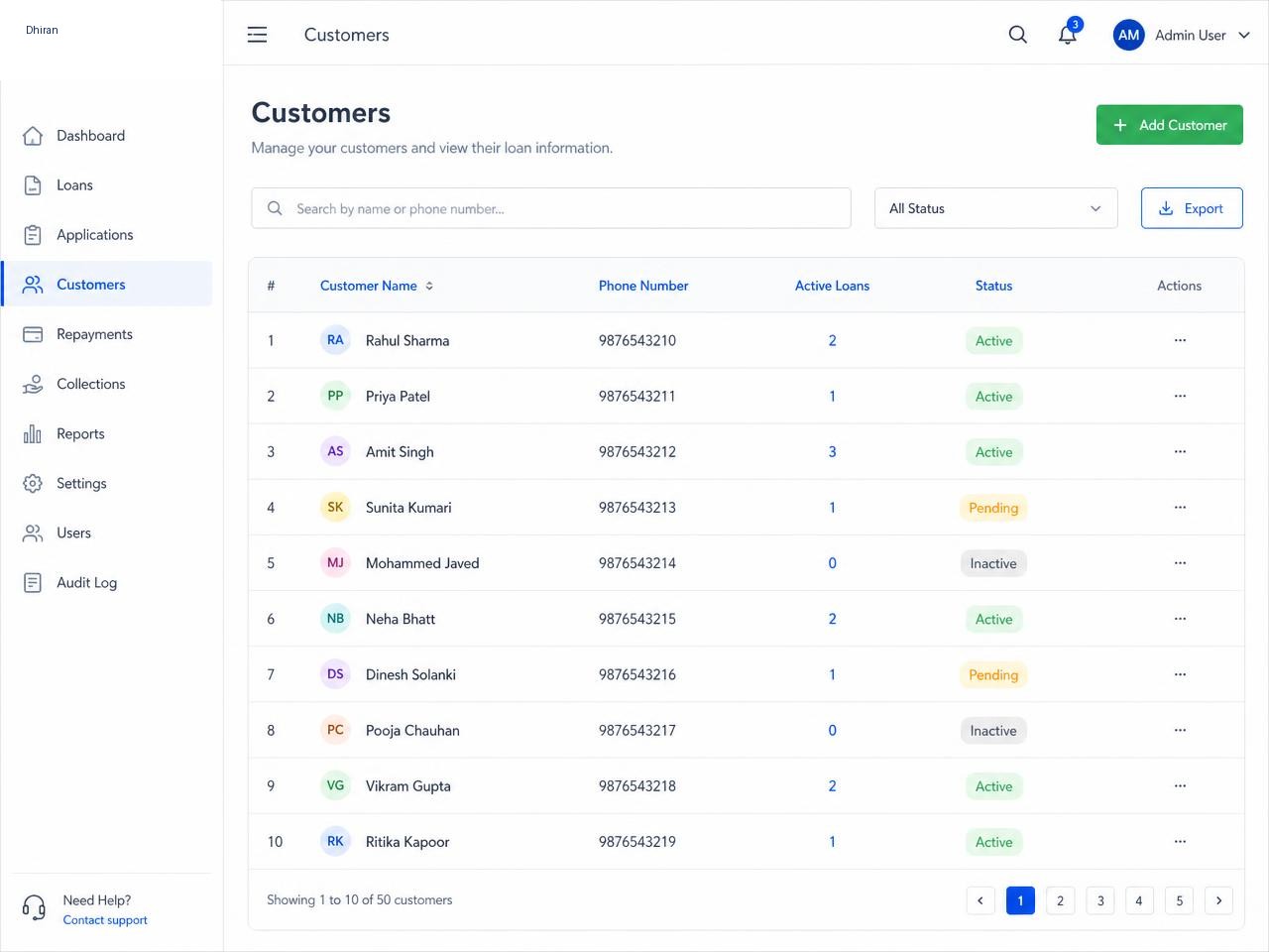Customer management screen listing borrowers with phone numbers, active loan counts and status badges